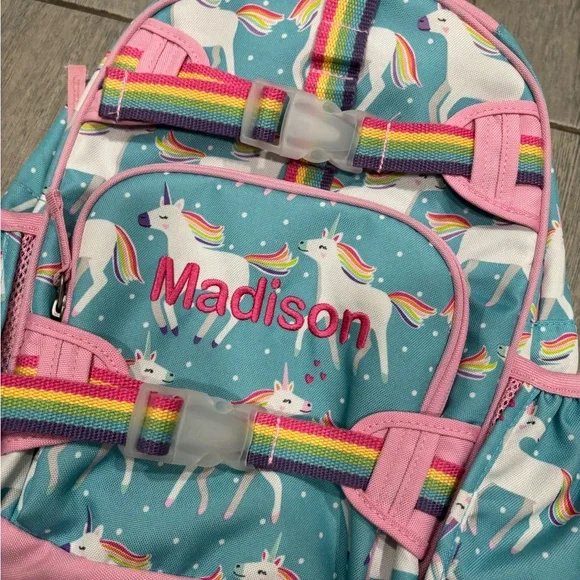 Pottery Barn Mackenzie Aqua Unicorn Parade Backpack Small Embroidered Madison - Picture 3 of 9